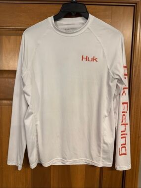 Huk White Long Sleeve Performance Shirt with Red Accents